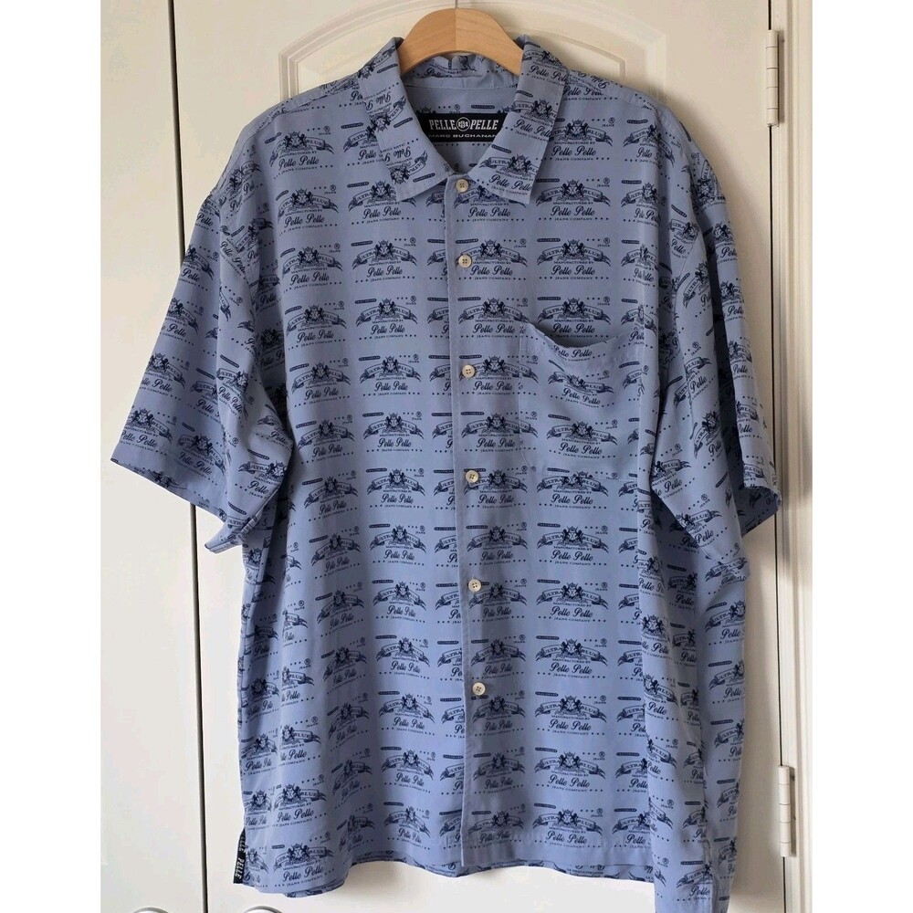 VTG Pelle Pelle Marc Buchanan Men XXL Blue All Over Logo Print Button Up Shirt